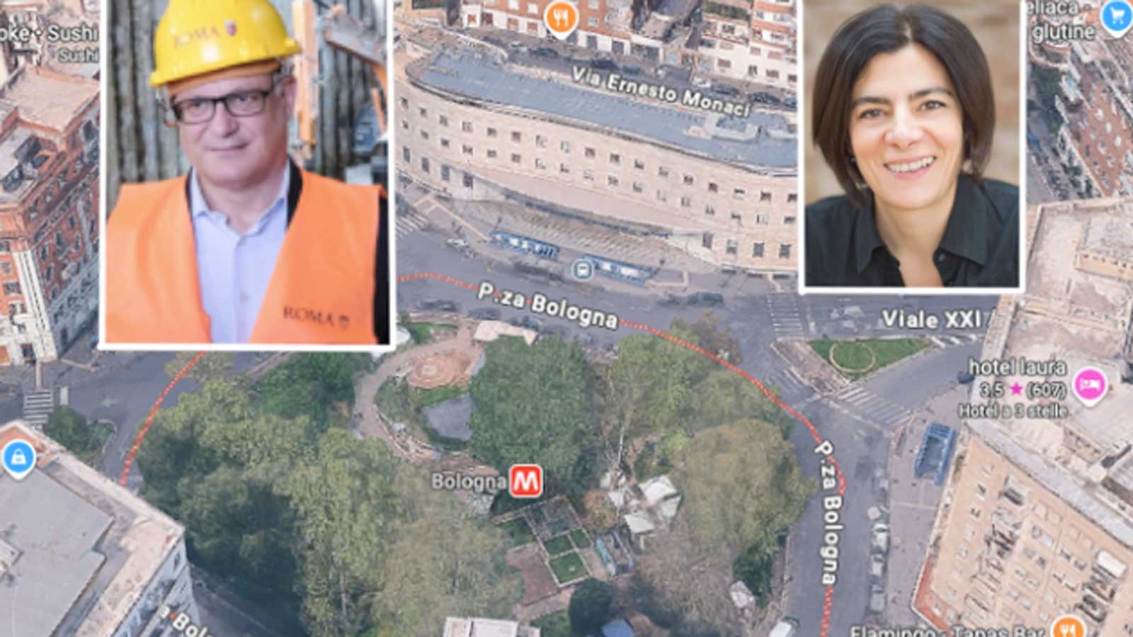 Roma, sullo sfondo piazza Bologna, foto Google Maps, in primo piano il sindaco Roberto Gualtieri e la mini-sindaca del Municipio II Francesca Del Bello