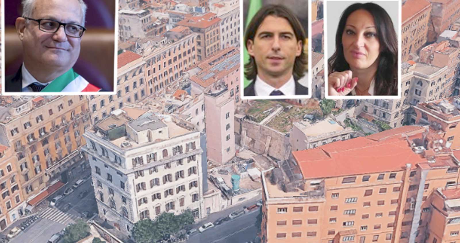 Roma, sullo sfondo la location del nuovo hotel di lusso in centro in deroga, foto Google Maps, in primo piano, il sindaco Gualtieri, l'assessore Onorato e la presidente del Consiglio Celli