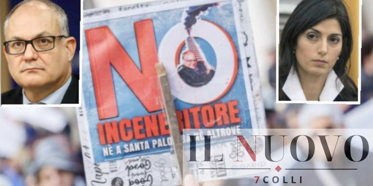 Sullo sfondo, un cartello con la scritta 'No Inceneritore' sotto al Campidoglio, in primo piano il sindaco Gualtieri e la grande ex Virginia Raggi