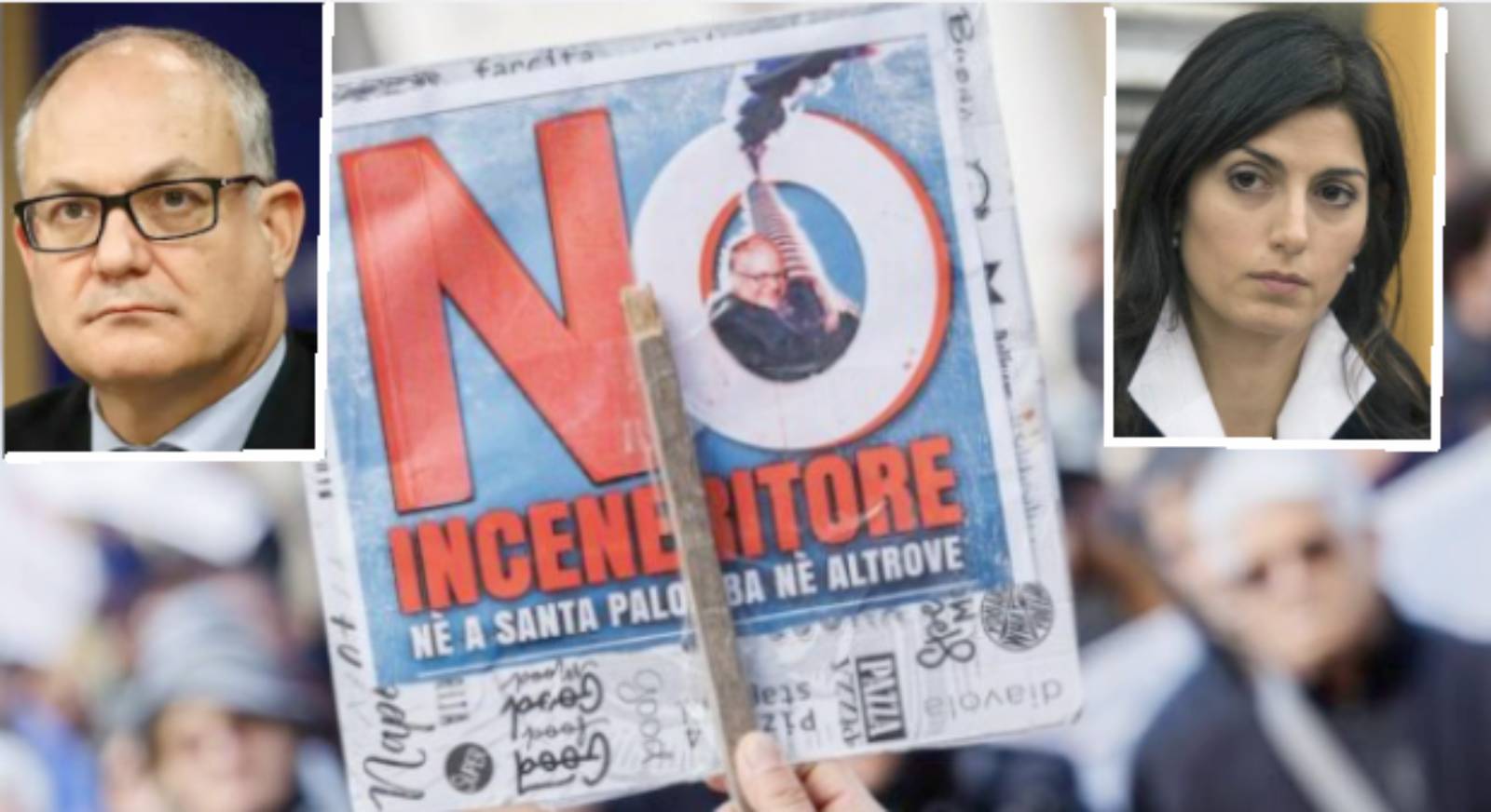 Sullo sfondo, un cartello con la scritta 'No Inceneritore' sotto al Campidoglio, in primo piano il sindaco Gualtieri e la grande ex Virginia Raggi
