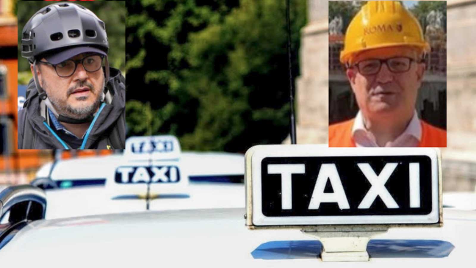 Roma, sullo sfondo dei taxi, in primo piano il sindaco Gualtieri e l'assessore alla mobilità Eugenio Patanè