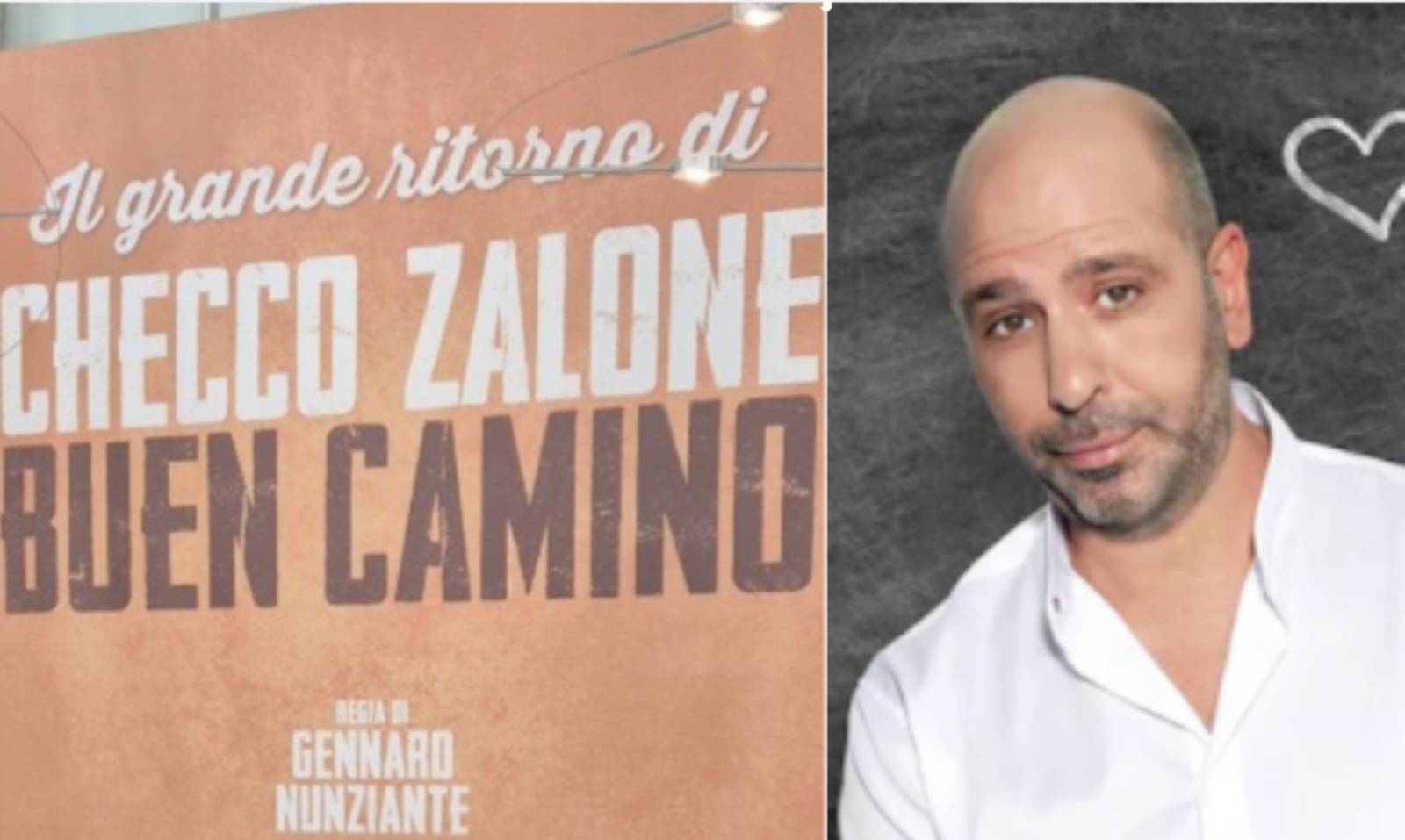 Sulla sinistra, la locandina del nuovo film, a destra Checco Zalone