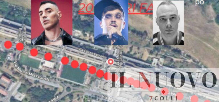 Roma, rendering del progetto Red Bull per la Capitale, in primo piano Marracash, Geolier e Fabri Fibbra