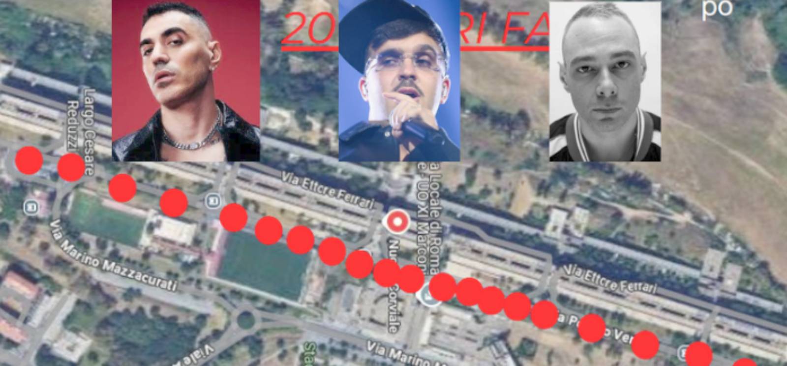 Roma, rendering del progetto Red Bull per la Capitale, in primo piano Marracash, Geolier e Fabri Fibbra