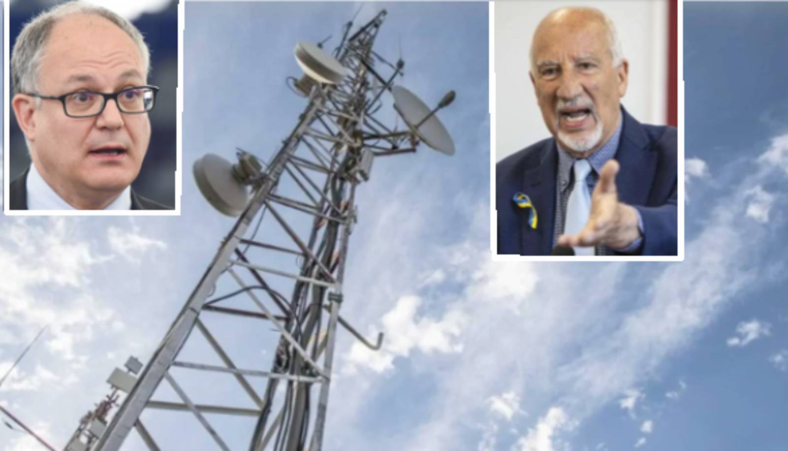 Sullo sfondo un traliccio di telefonia mobile, in primo piano il sindaco Gualtieri e il mini sindaco Falcioni