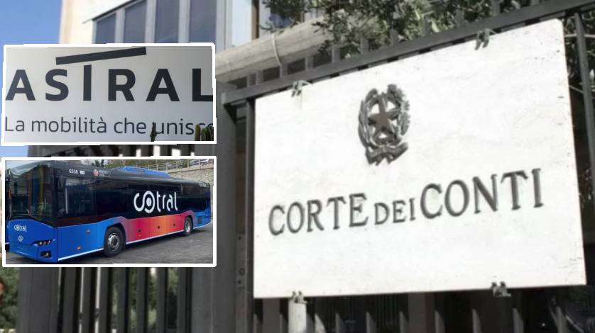 Regione Lazio, sullo sfondo la targa della Corte dei Conti Lazio, in primo piano il logo Astral e un bus Cotral -