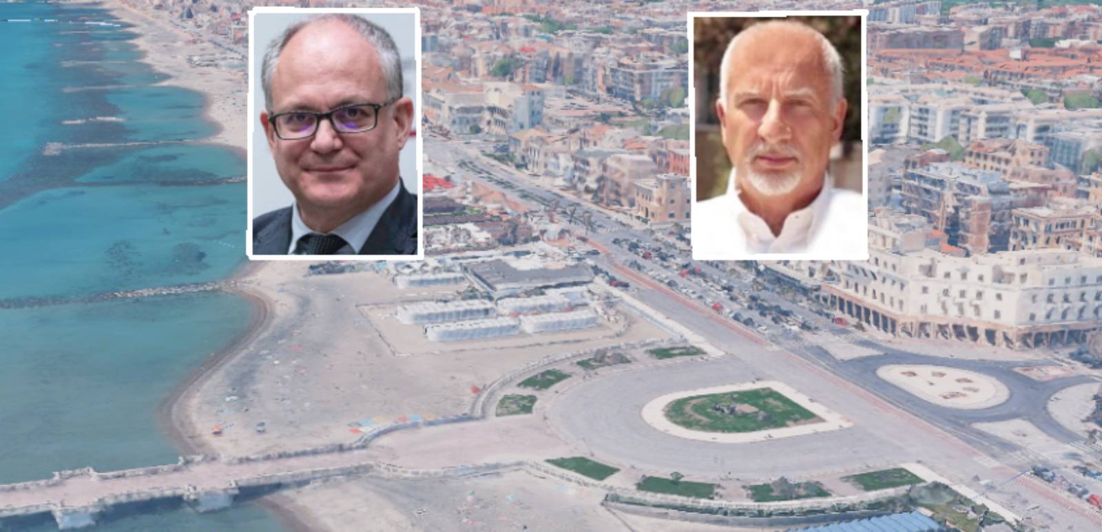 Ostia, sullo sfondo il litorale, in primo piano il sindaco di Roma Gualtieri e il mini sindaco Falconi