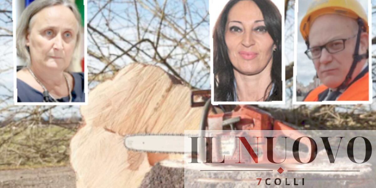 Roma, sullo sfondo una motosega che abbatte un albero, in primo piano il sindaco Gualtieri, l'assessore all'Ambiente Alfonsi e la presidente dell'aula Giulio Cesare, Svetlana Celli