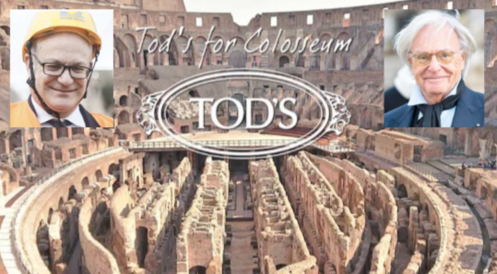 Roma, sullo sfondo la pubblicità della Tod's sul Colosseo, in primo piano il patron Della valle e il sindaco di Roma Gualtieri