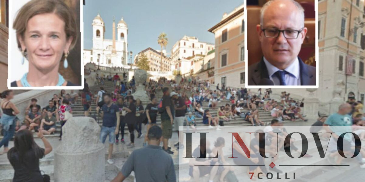 Roma, la scalinata di trinità dei Monti a piazza di Spagna, in primo piano il sindaco Gualtieri e la mini sindaca del Municipio I Bonaccorsi Lorenza