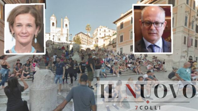 Roma, la scalinata di trinità dei Monti a piazza di Spagna, in primo piano il sindaco Gualtieri e la mini sindaca del Municipio I Bonaccorsi Lorenza