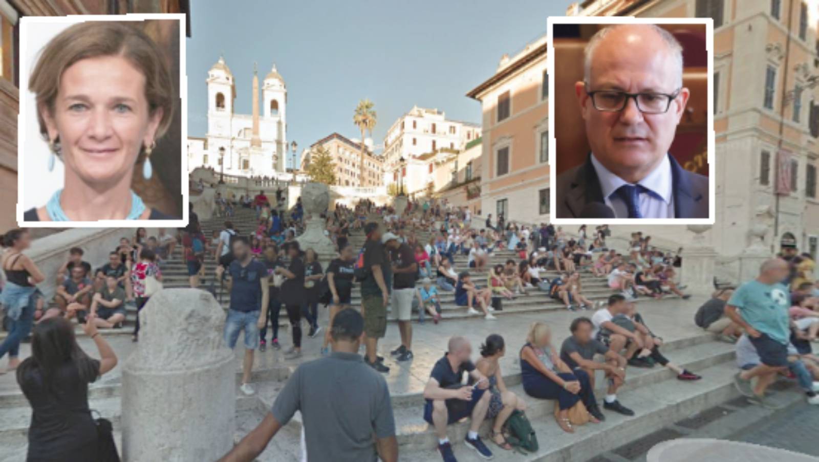 Roma, la scalinata di trinità dei Monti a piazza di Spagna, in primo piano il sindaco Gualtieri e la mini sindaca del Municipio I Bonaccorsi Lorenza