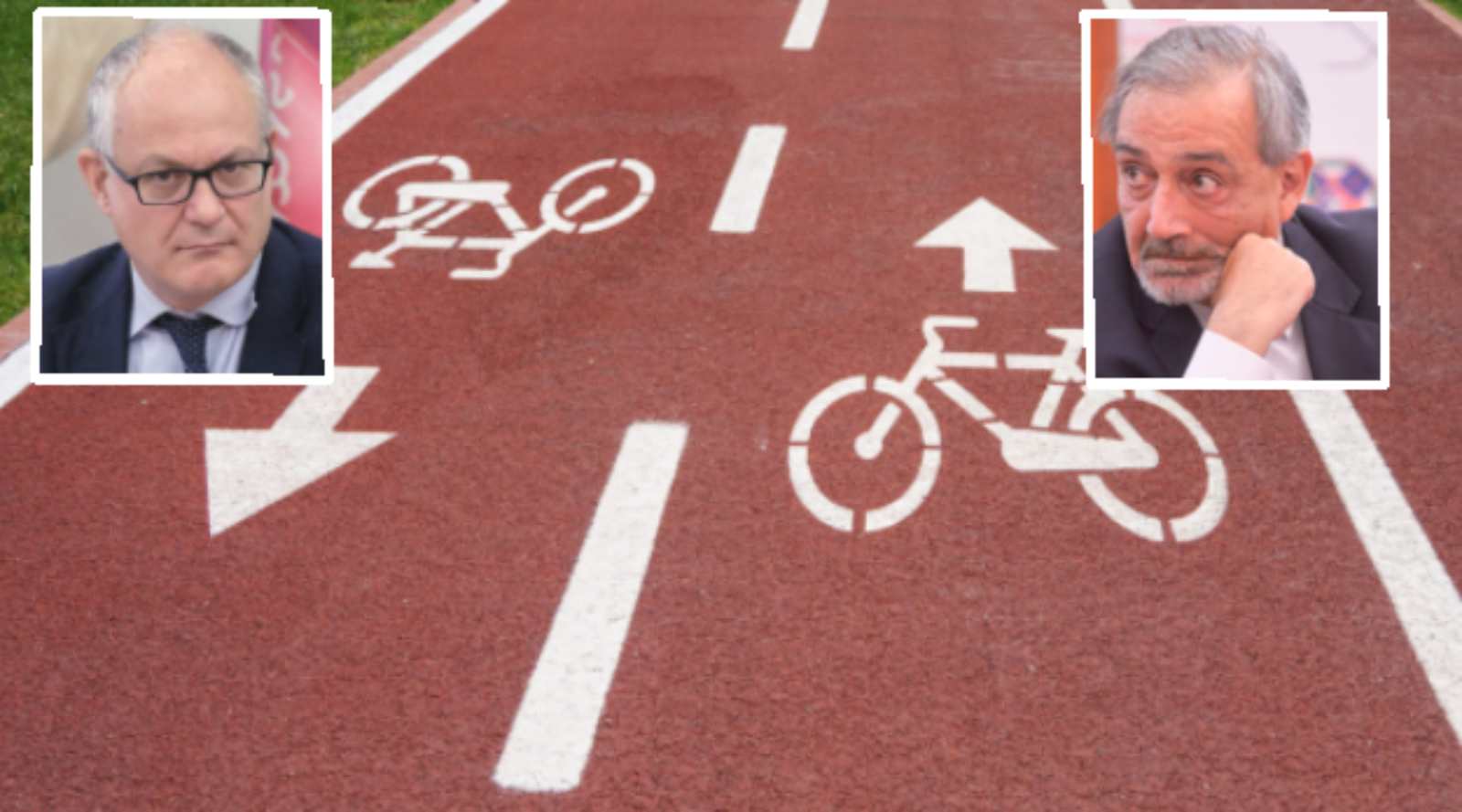 Sullo sfondo, una nuova ciclabile, in primo piano il sindaco Gualtieri e il governatore del Lazio, Francesco Rocca