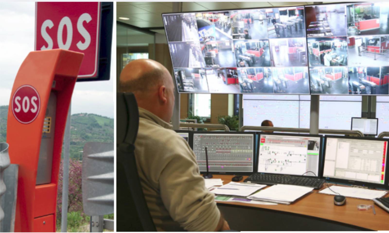 Roma, a sinistra, le colonnine SOS stradali di emergenza, a destra, una sala di comando