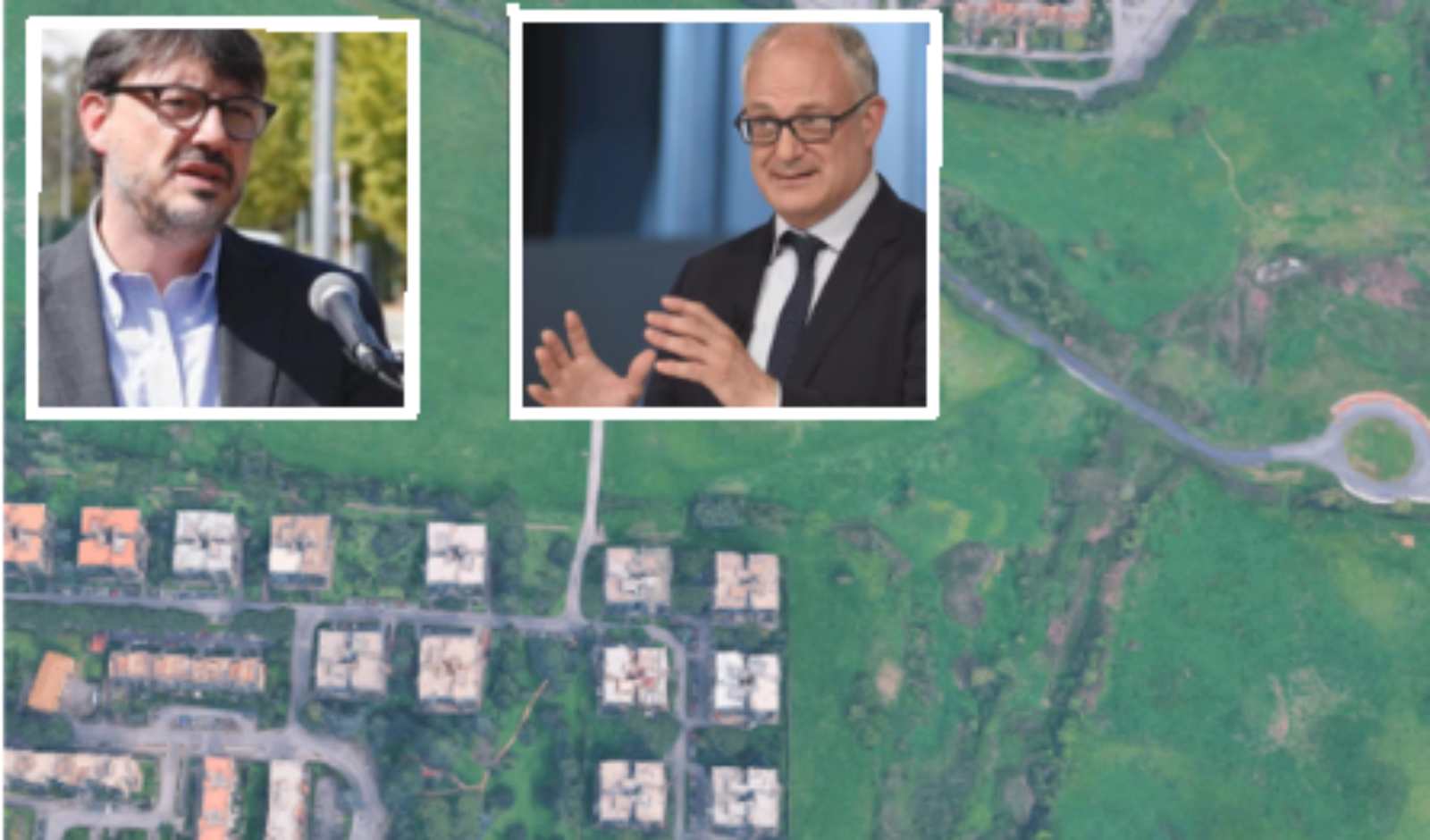 Sullo sfondo, l'area di Roma, quartiere Fonte Meravigliosa, a due passi dall'Eur, foto Google Maps, in primo piano sindaco Gualtieri e assessore Patanè