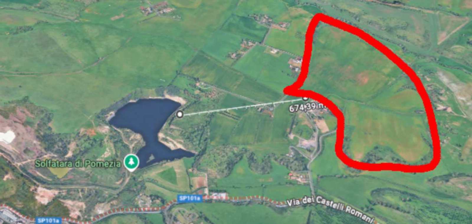 Tra Roma e Pomezia un nuovo maxi fotovoltaico da 75mila metriquadri, foto Google Maps, cerchiata in rosso l'area interessata dal nuovo impianto