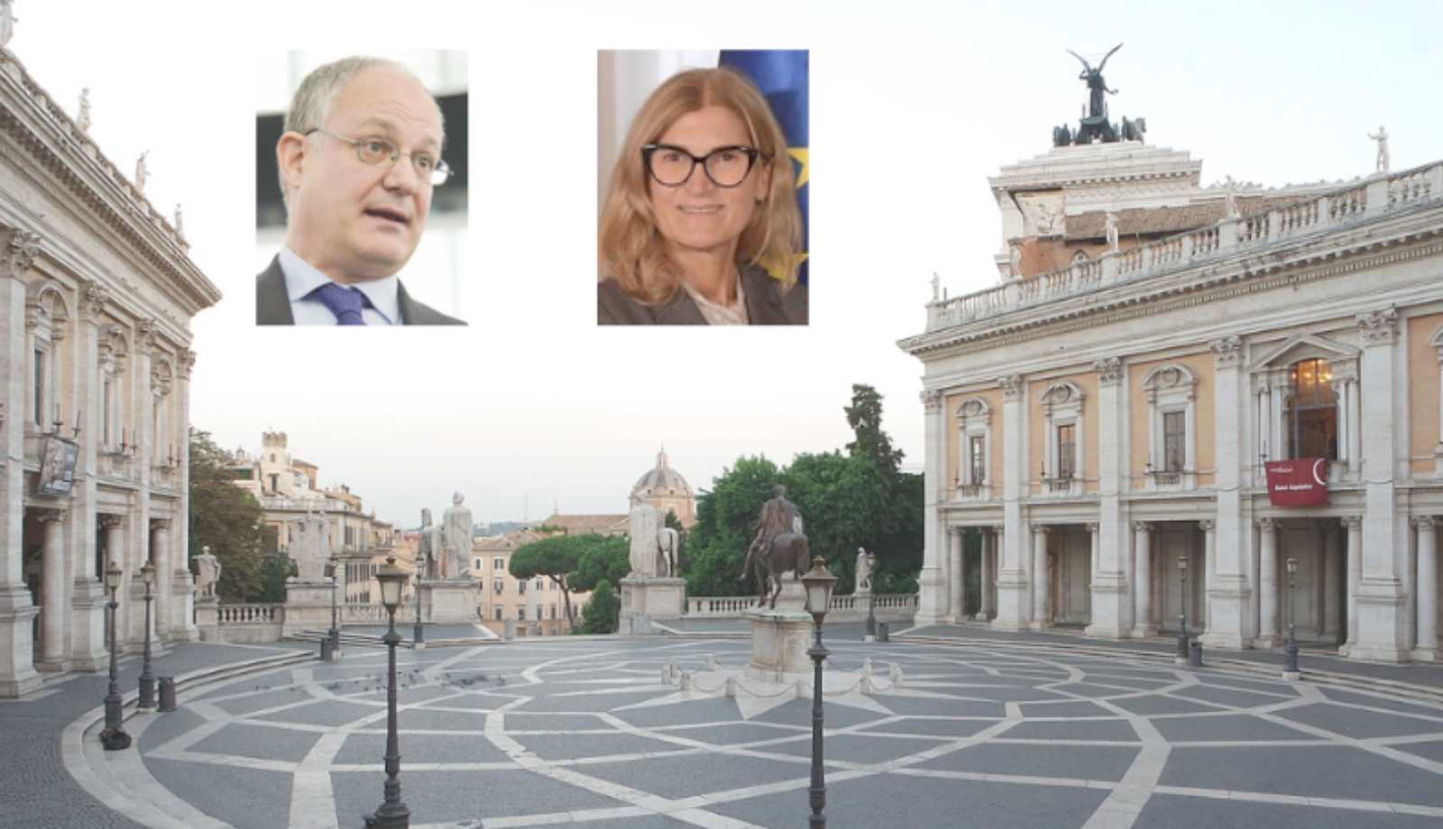 Roma, sullo sfondo il Campidoglio, in primo piano il sindaco Roberto Gualtieri e il vice Scozzese, con delega al Bilancio