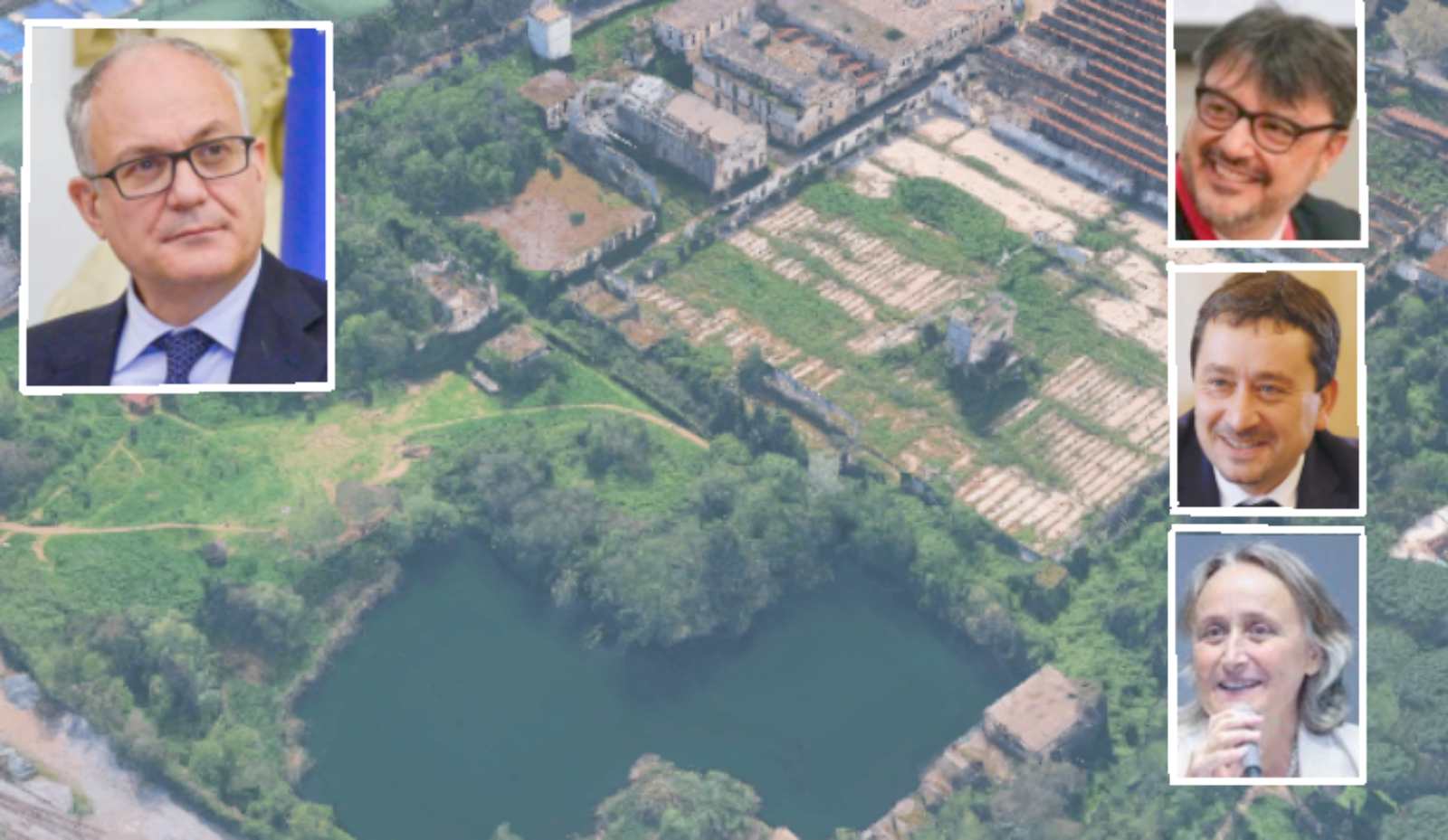 Roma, sullo sfondo l'ex Snia Viscosa, al lago Bullicante, foto Google Maps, in primo piano il sindaco Gualtieri e gli assessori Veloccia, Patanè e Alfonsi