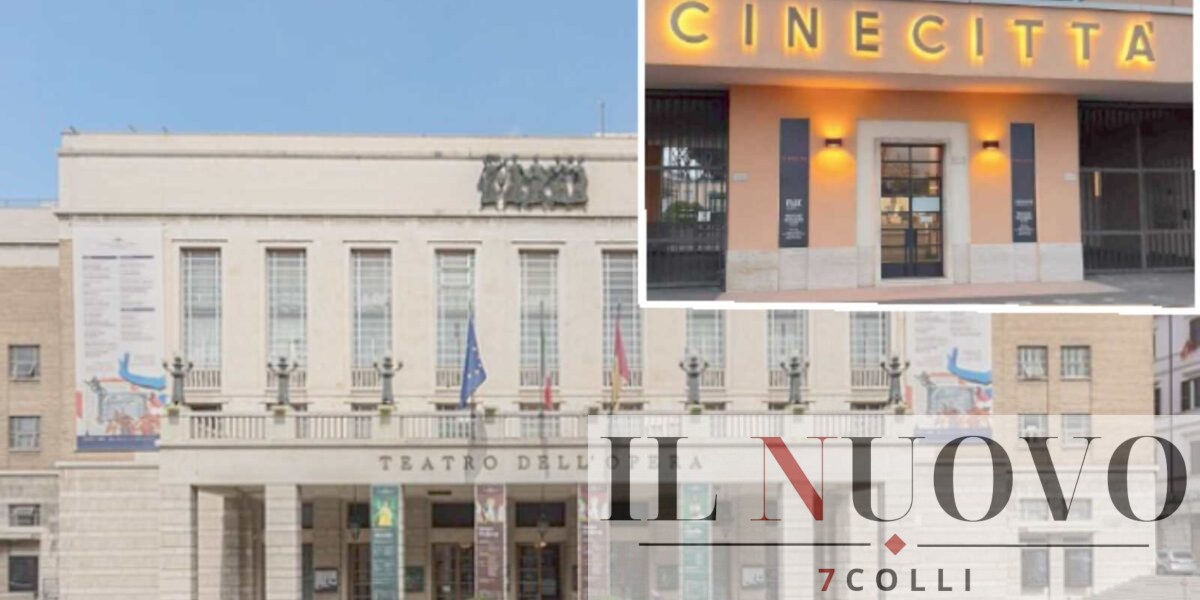 Roma, sullo sfondo il Teatro dell'Opera di Roma, in primo piano l'entrata degli studios di Cinecittà