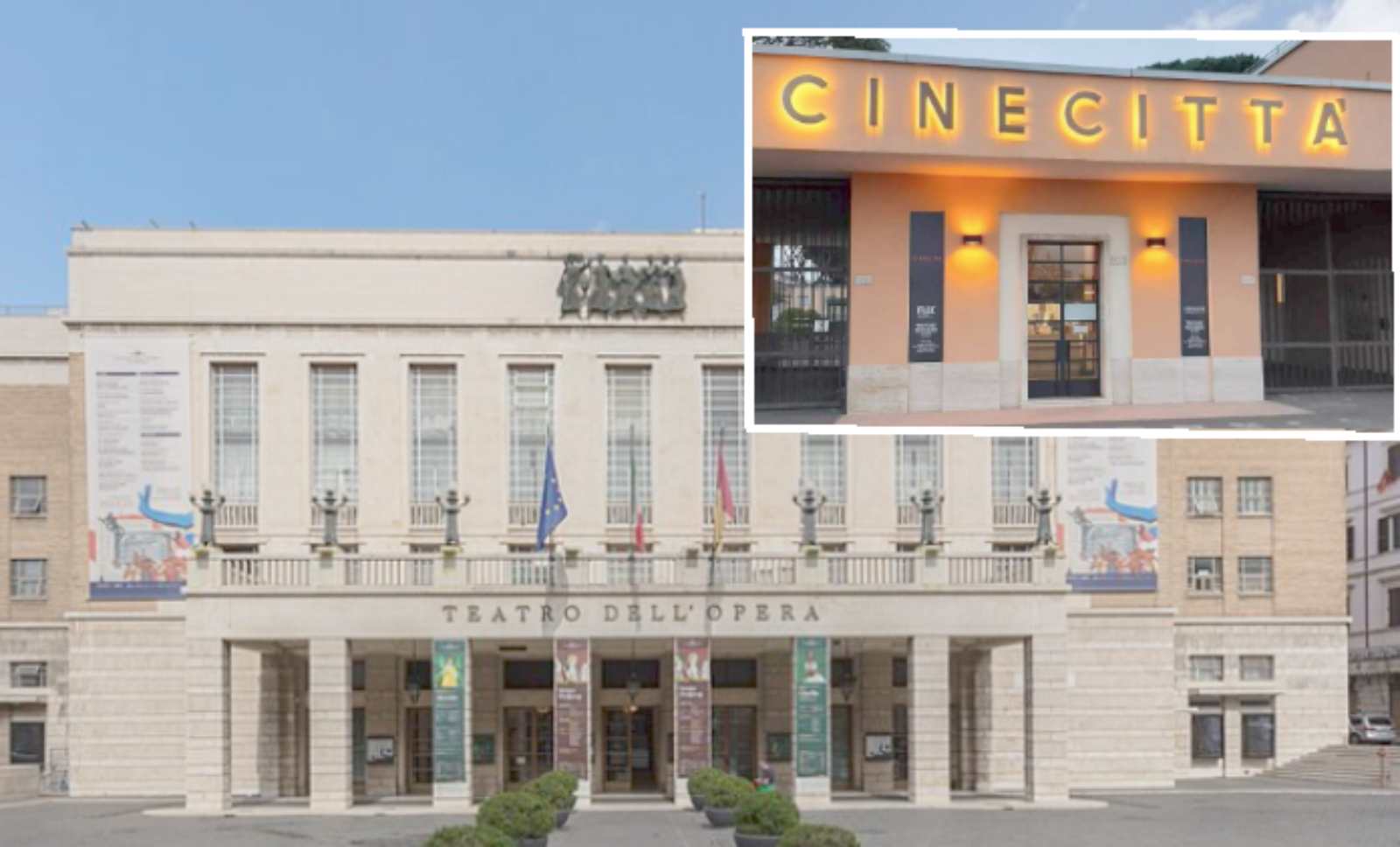 Roma, sullo sfondo il Teatro dell'Opera di Roma, in primo piano l'entrata degli studios di Cinecittà