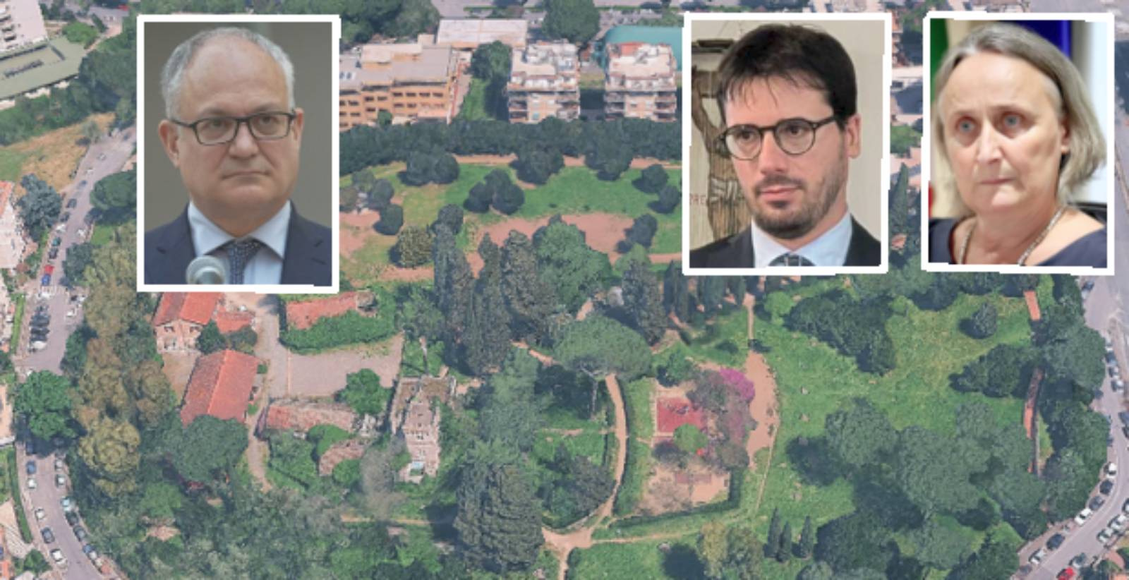 Roma, sullo sfondo villa Flora, foto Google Maps, in primo piano il sindaco, l'assessore Alfonsi e il mini-sindaco Elio Tomassetti del Municipio XII