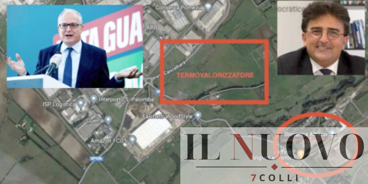 Sullo sfondo, l'area su cui dovrebbe nascere l'inceneritore di Roma, accanto alla discarica di Albano e vicino a Pomezia e Ardea, in primo piano il sindaco di Roma Gualtieri e il deputato PD Claudio Mancini