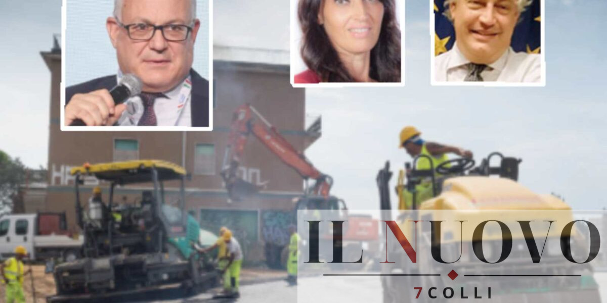 Roma, sullo sfondo un cantiere per l'asfalto, in primo piano il sindaco Gualtieri, la presidente dell'aula Giulio Cesare Svetlana Celli e il capo di Risorse per Roma, Paolo Orneli