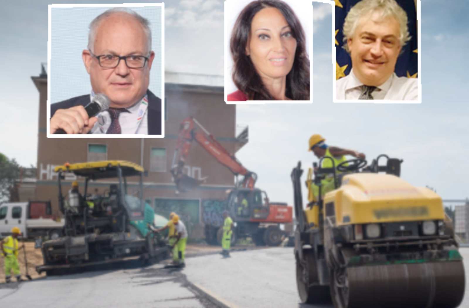 Roma, sullo sfondo un cantiere per l'asfalto, in primo piano il sindaco Gualtieri, la presidente dell'aula Giulio Cesare Svetlana Celli e il capo di Risorse per Roma, Paolo Orneli