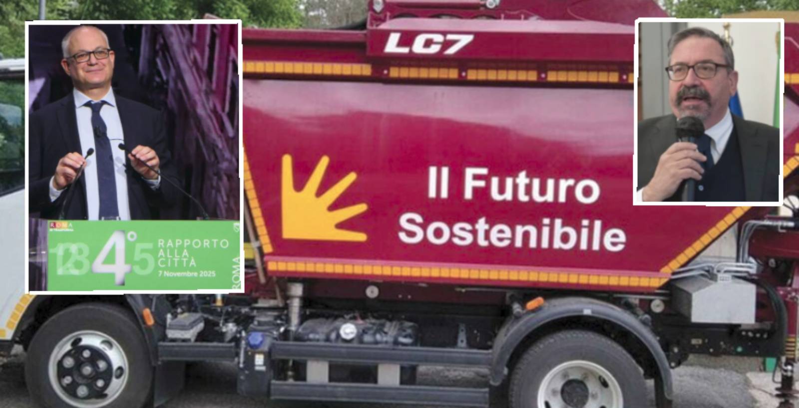 Sullo sfondo, un furgoncino Ama, in primo piano il sindaco Gualtieri e il presidente Ama Bruno Manzi - www.7colli.it