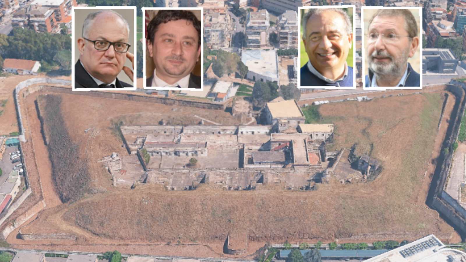 Roma, sullo sfondo l'ex area militare dove sorgerà il mercato rionale, foto Google Maps, in primo piano il sindaco Gualtieri e l'assessore Veloccia, il presidente della commissione PNRR e l'ex sindaco Marino