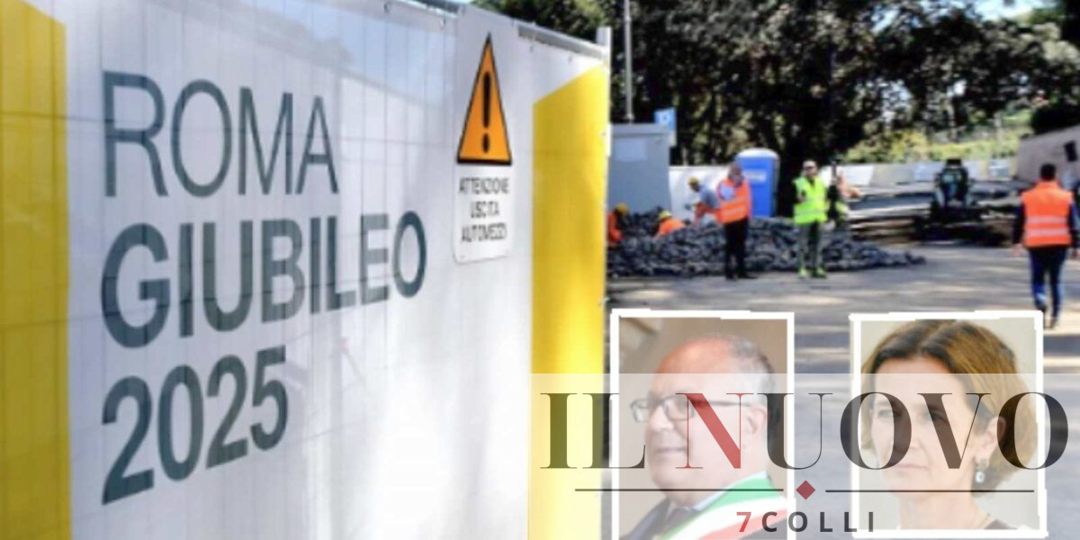 Roma, sullo sfondo uno dei cantieri per il Giubileo 2025, in primo piaqno il sindaco di Roma, Roberto Gualtieri, e la mini sindaca del Municipio I, Lorenza Bonaccorsi