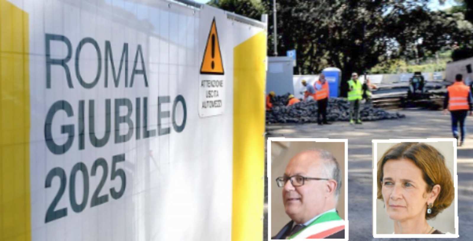 Roma, sullo sfondo uno dei cantieri per il Giubileo 2025, in primo piaqno il sindaco di Roma, Roberto Gualtieri, e la mini sindaca del Municipio I, Lorenza Bonaccorsi