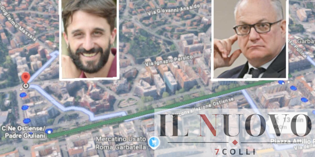 Roma, sullo sfondo l'area tra Garbatella e Ostiense, foto Google Maps, in primo piano il sindaco Gualtieri e il mini sindaco Amedeo Ciaccheri
