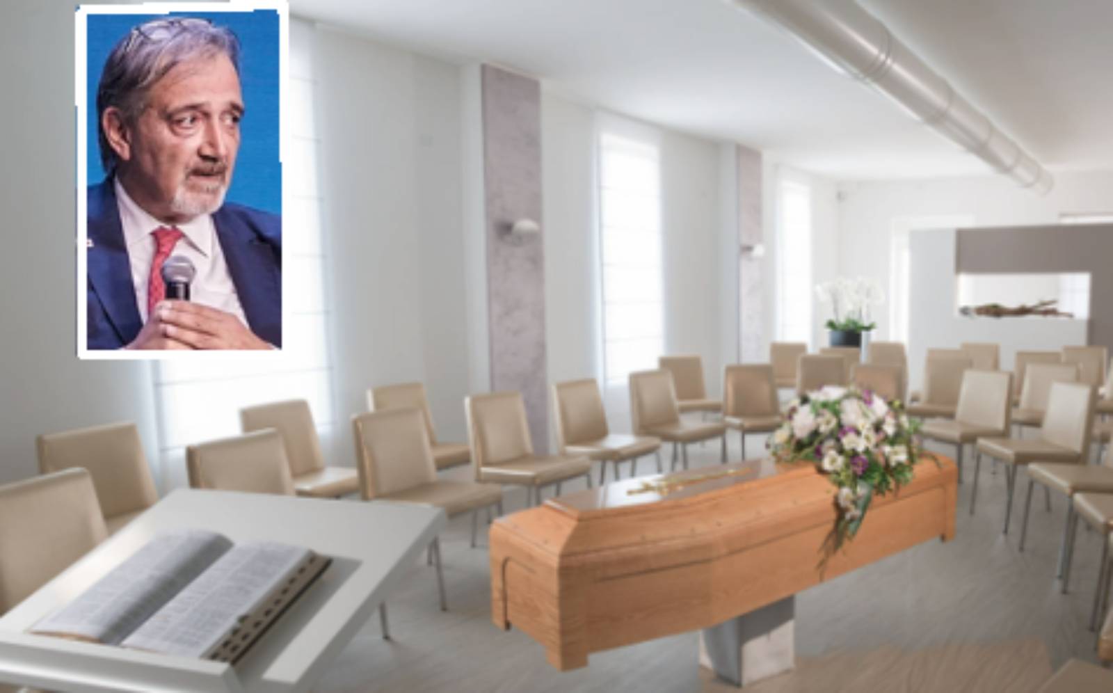 Sullo sfondo, una classica sala del commiato, in primo piano il governatore Rocca