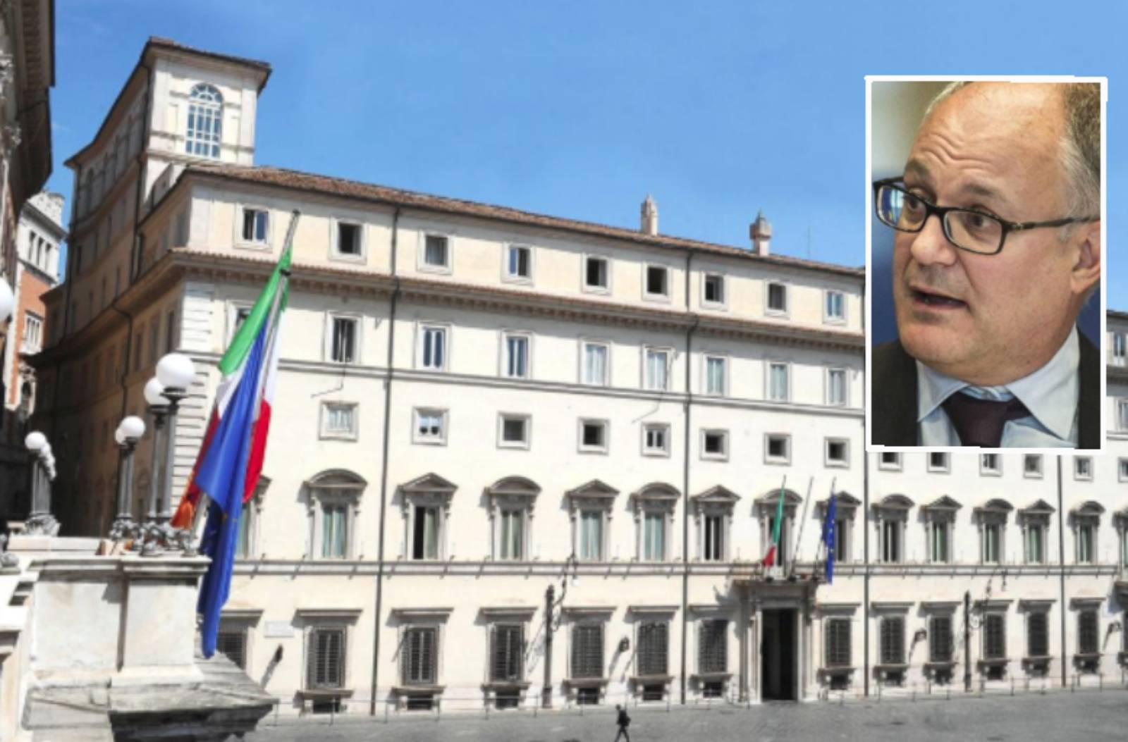 Roma, sullo sfondo la sede del Governo Italiano, palazzo Chigi, in primo piano il sindaco di Roma Gualtieri