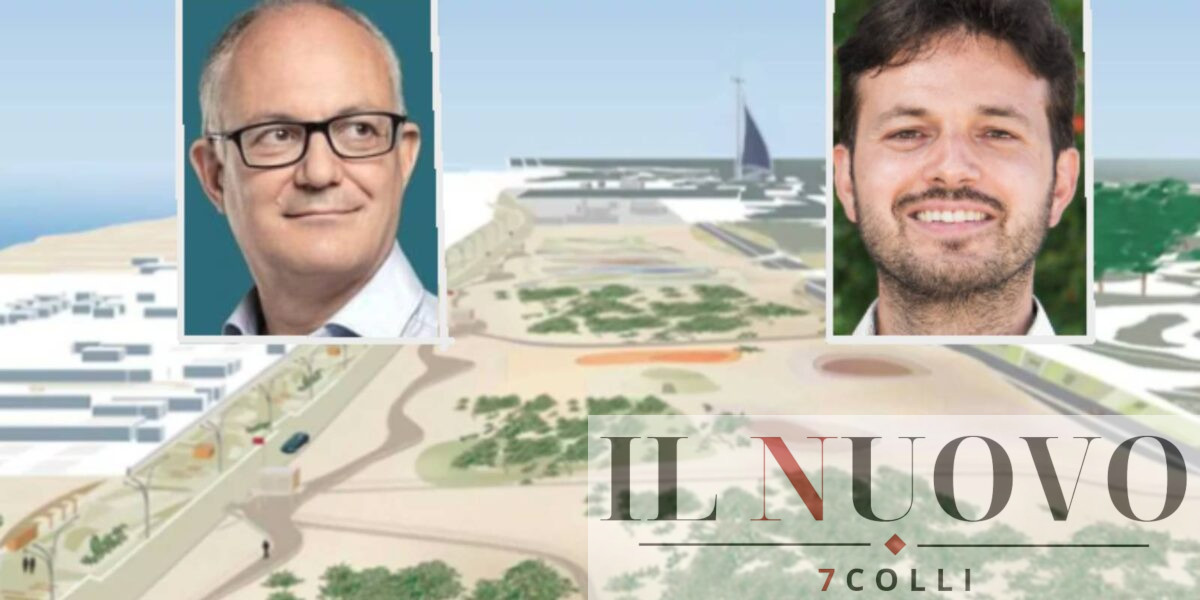Sullo sfondo, il rendering del progetto del Parco del mare di Ostia, foto Comune di Roma, in primo piano sindaco Gualtieri e Mazzei