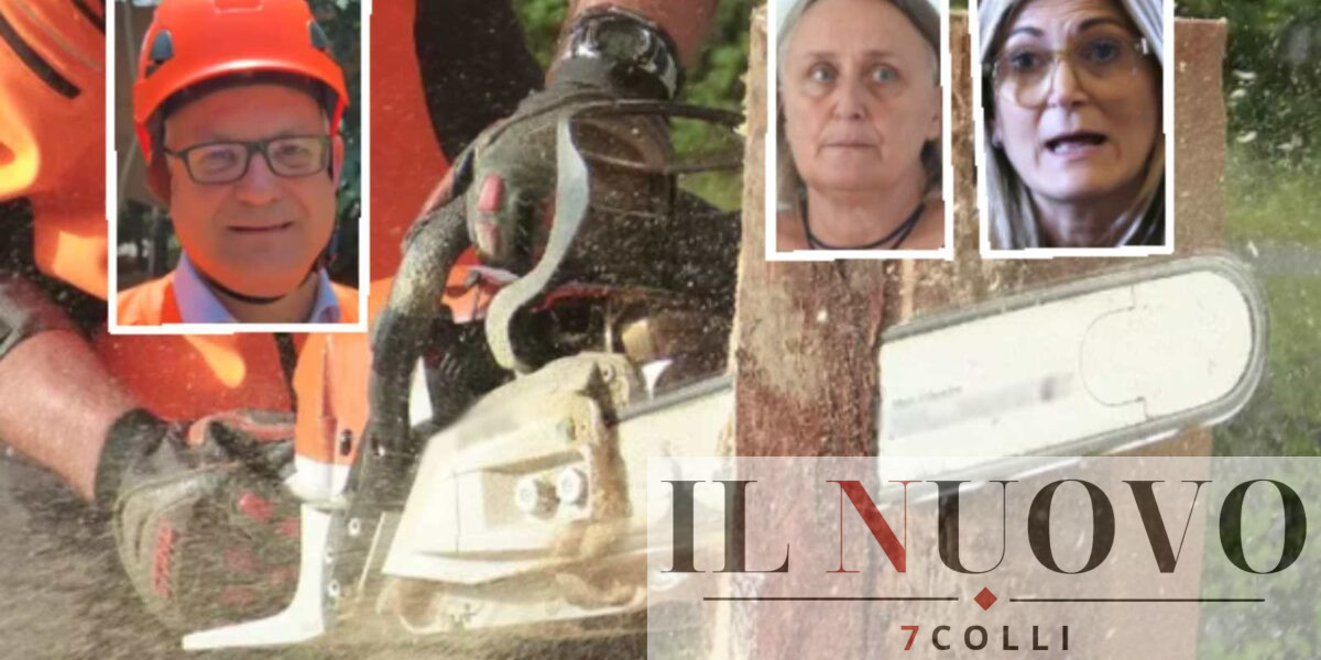 Roma, sullo sfondo la motosega che abbatte un albero, in primo piano il sindaco Gualtieri, la sua vice in Giunta Scozzese, con delega all Bilancio) e l'assessore all'Ambiente Alfonsi