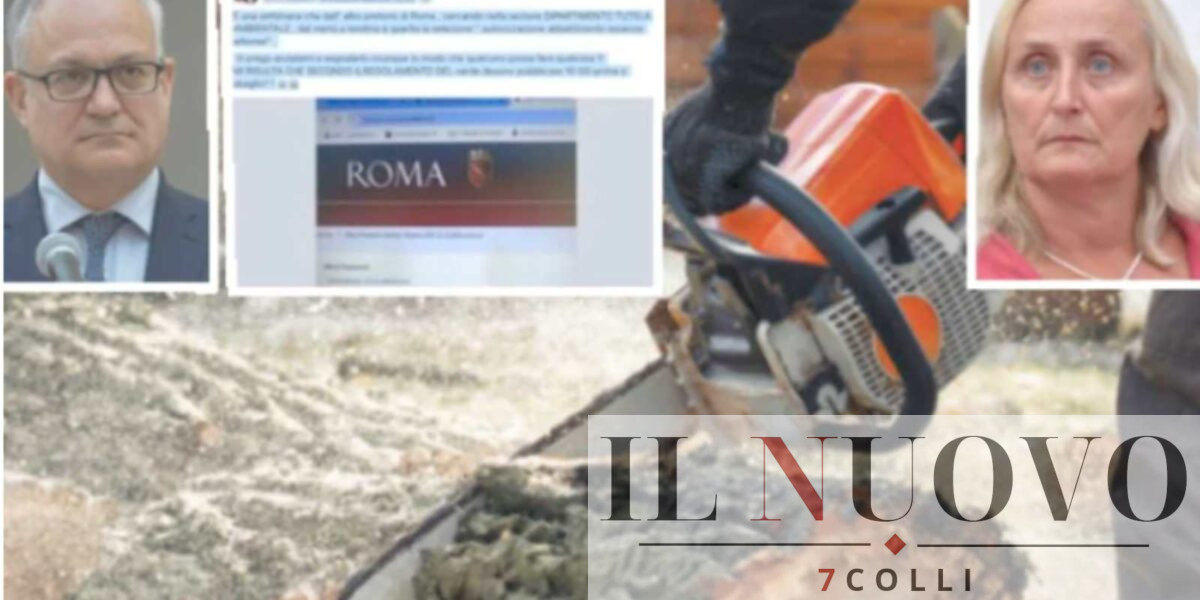 Roma, abbattimento alberi, sullo sfondo una ruspa, in primo piano sindaco e assessore Alfonsi