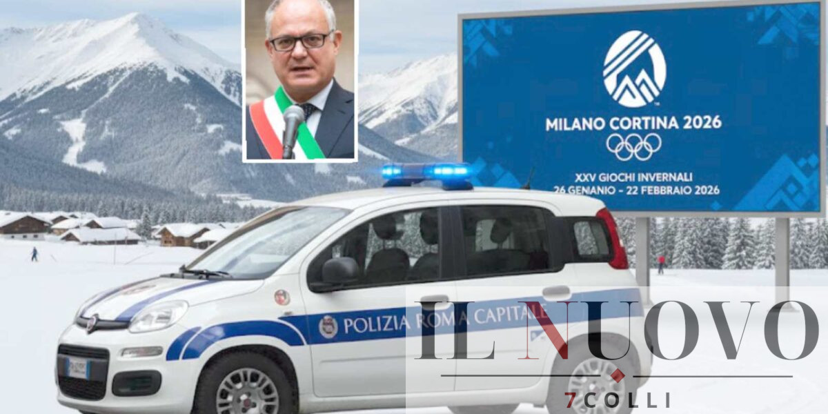 Sullo sfondo, un'auto della Polizia Locale di Roma alle Olimpiadi di Roma Cortina, in primo piano il sindaco Gualtieri