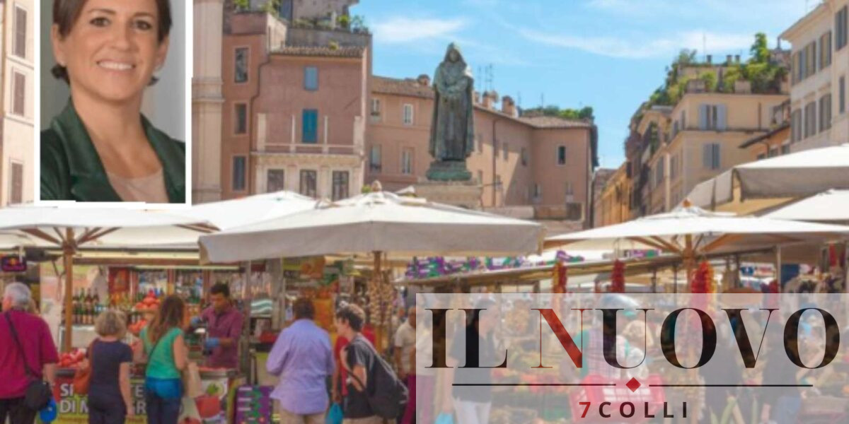 Roma, sullo sfondo il mercato di Campo de Fiori, in primo piano l'assessore al Commercio Lucarelli