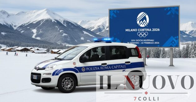 Sullo sfondo, un'auto della Polizia Locale di Roma alle Olimpiadi di Roma Cortina
