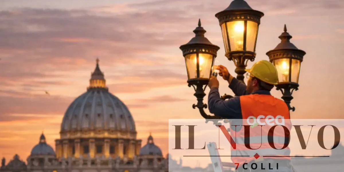 Roma, un operaio Acea al lavoro su un lampione, sullo sfondo il Vaticano
