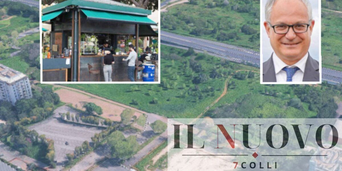 Roma, un parco della capitale sullo sfondo, in primo piano il sindaco Gualtieri e un chiosco