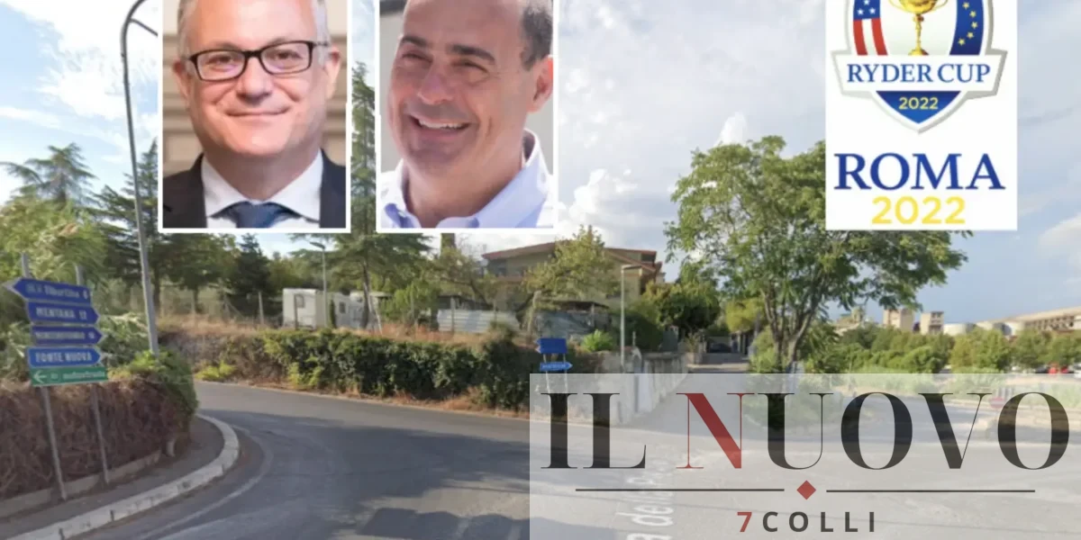 Roma, l'area su cui sorgerà la nuova rotatoria, in primo piano il sindaco Gualtieri, l'ex govermnatore del Lazio Nicola Zingaretti, il logo Ryders Cup Roma 2022