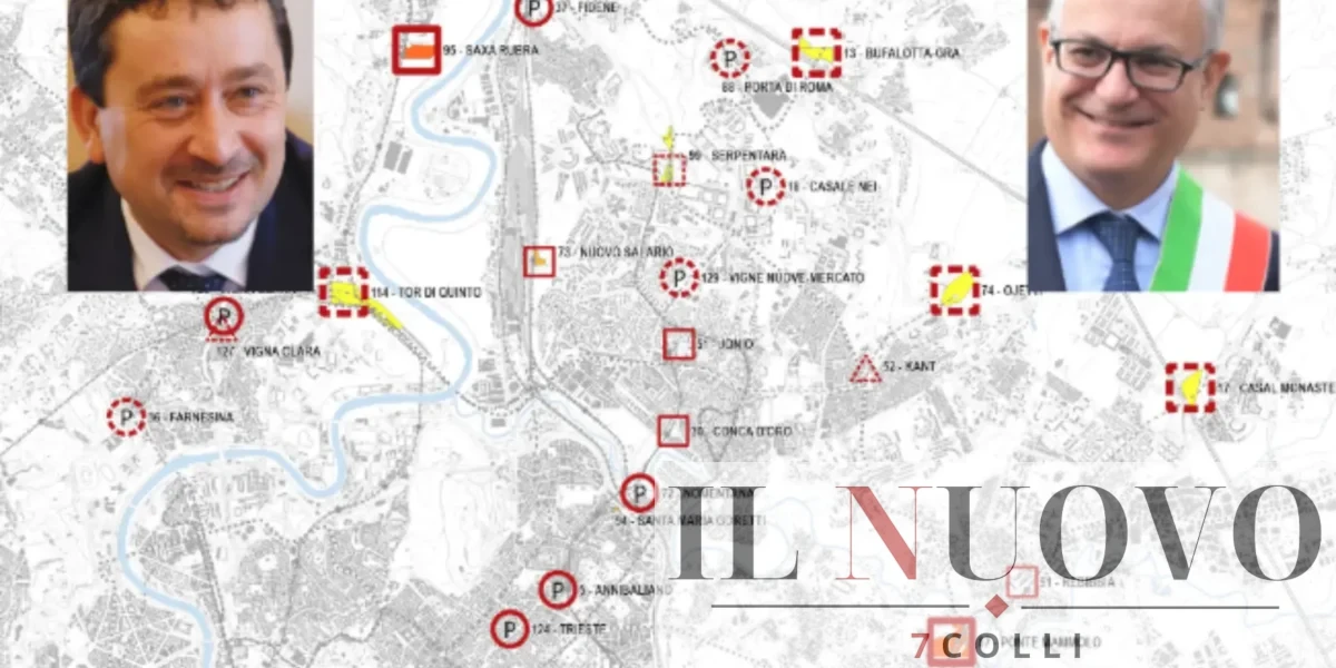 Sullo sfondo, la mappa dei 13 punti TPL attenzionati dalla Giunta Gualtieir, in primo piano il sindaco Gualtieri e l'assessore Veloccia