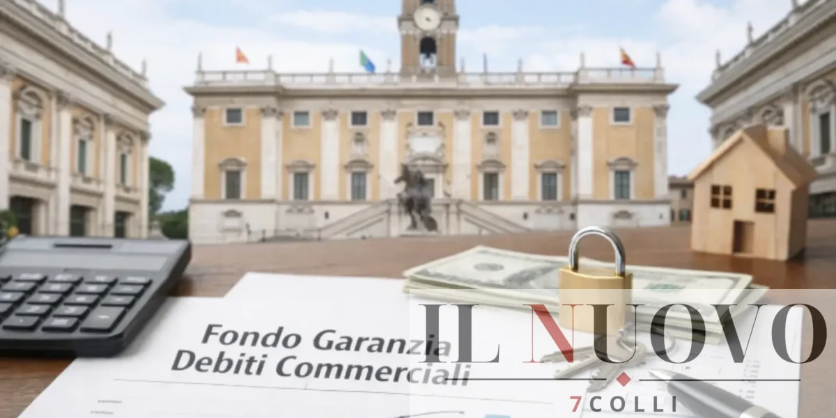 Roma, sullo sfondo il Campidoglio, in primo piano documenti commerciali, foto generata con AI