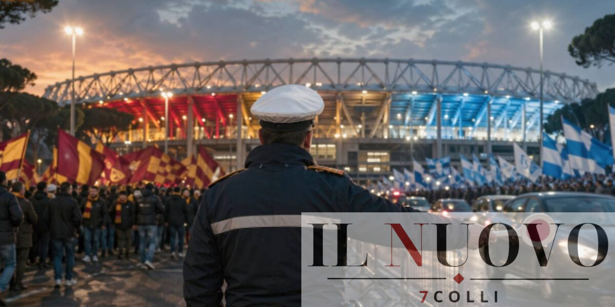 A sinistra, tifosi della Roma, a destra della Lazio