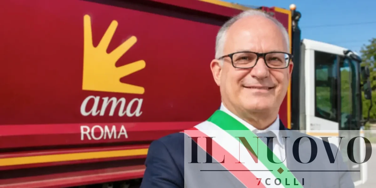Roma, sullo sfondo un camion Ama, in primo piano il sindaco Gualtieri