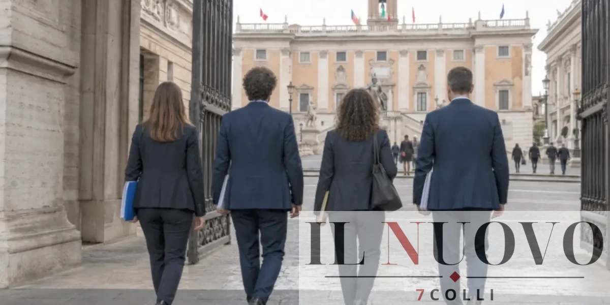 Roma, foto dei quattro lavoratori che entrano il Campidoglio, foto generata con IA