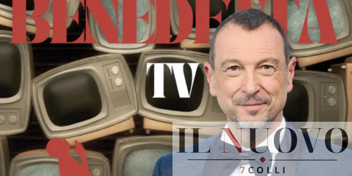 Amadeus in primo piano, sullo sfonto la copertina di Benedetta tv